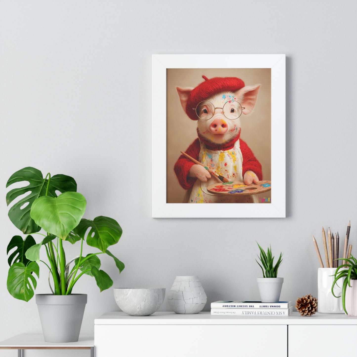 'Piglet Artist' Pailette Pal Fine Art Poster  — Cute Artist Pig Framed Poster — Charming Piglet Painter Wall Art