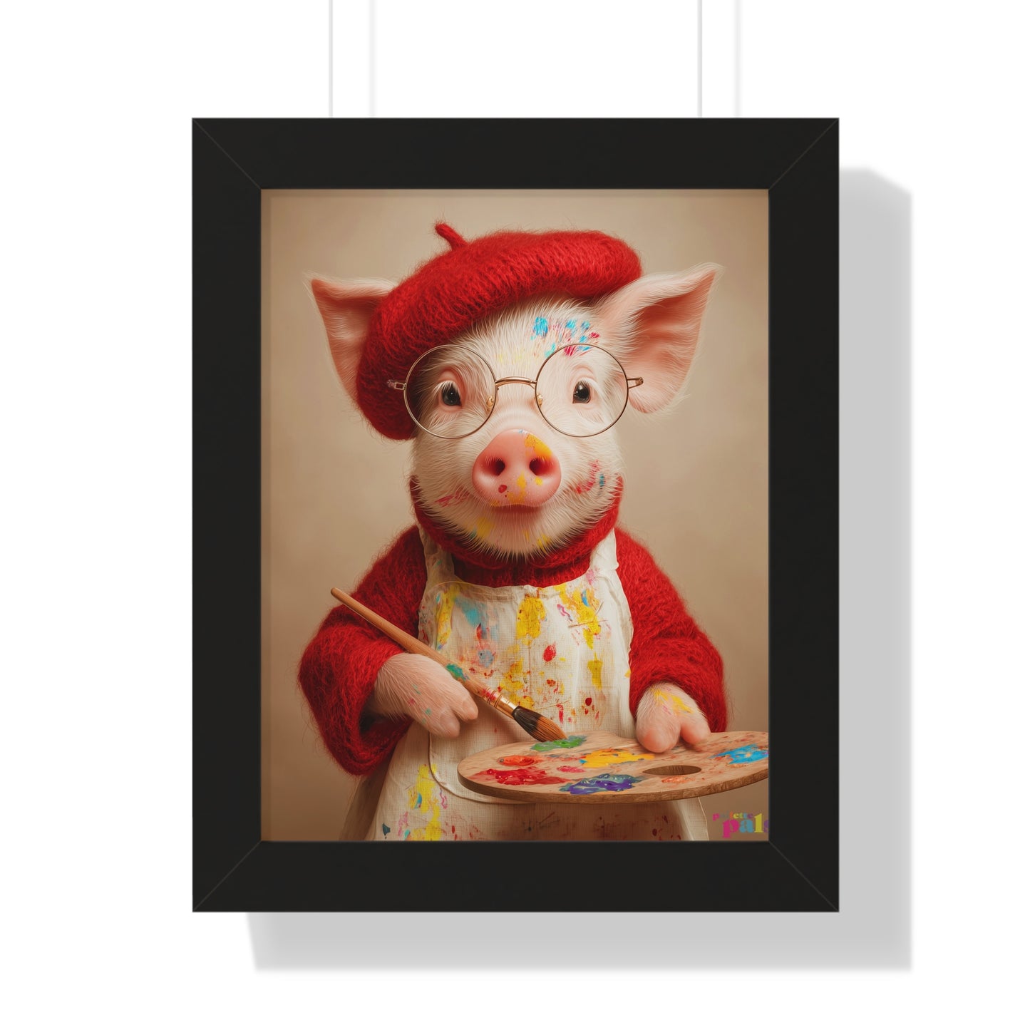 'Piglet Artist' Pailette Pal Fine Art Poster  — Cute Artist Pig Framed Poster — Charming Piglet Painter Wall Art