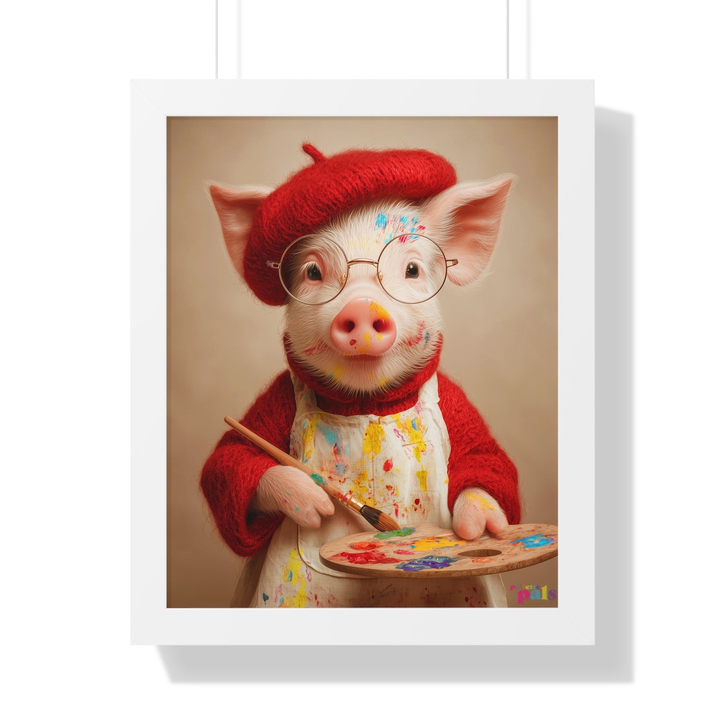 'Piglet Artist' Pailette Pal Fine Art Poster  — Cute Artist Pig Framed Poster — Charming Piglet Painter Wall Art