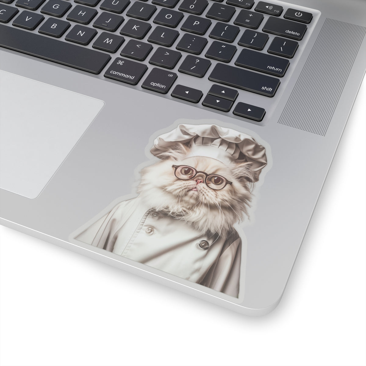 Chef Cat Kiss-Cut Sticker — Cute Persian Cat in Chef Hat & Glasses, Laptop Decal