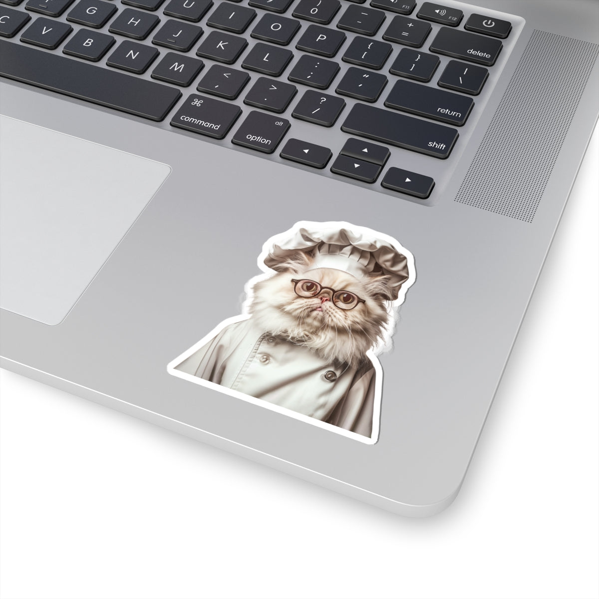 Chef Cat Kiss-Cut Sticker — Cute Persian Cat in Chef Hat & Glasses, Laptop Decal