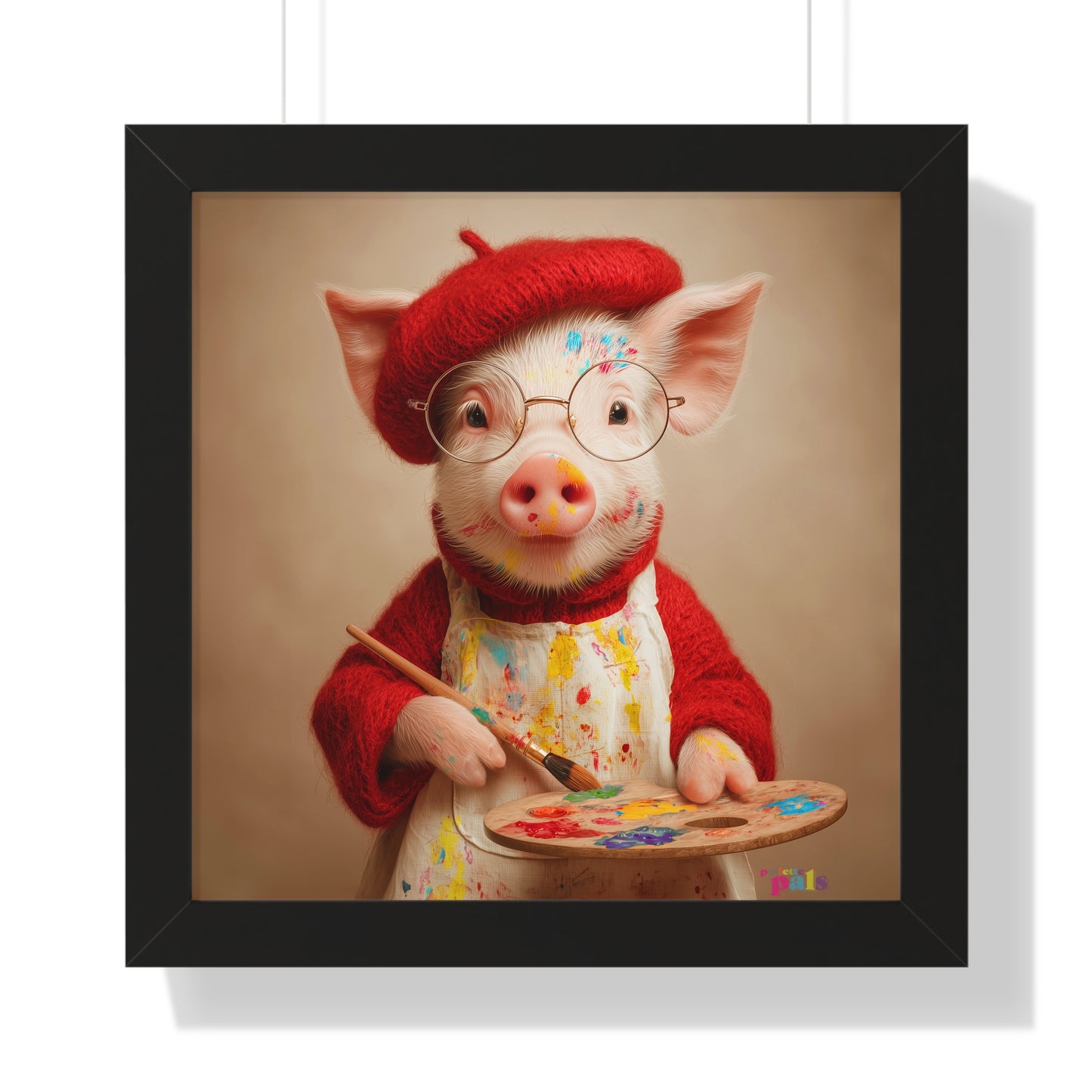 'Piglet Artist' Pailette Pal Fine Art Poster  — Cute Artist Pig Framed Poster — Charming Piglet Painter Wall Art