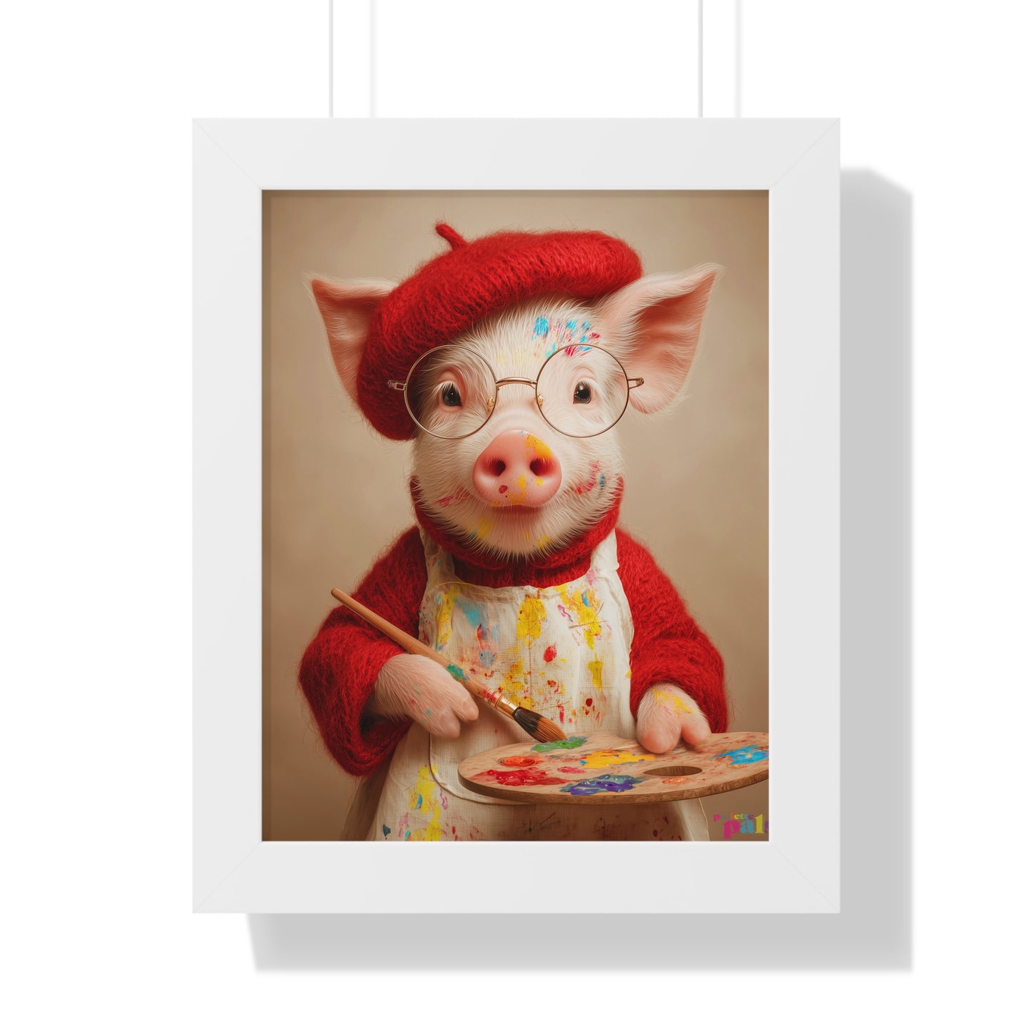 'Piglet Artist' Pailette Pal Fine Art Poster  — Cute Artist Pig Framed Poster — Charming Piglet Painter Wall Art