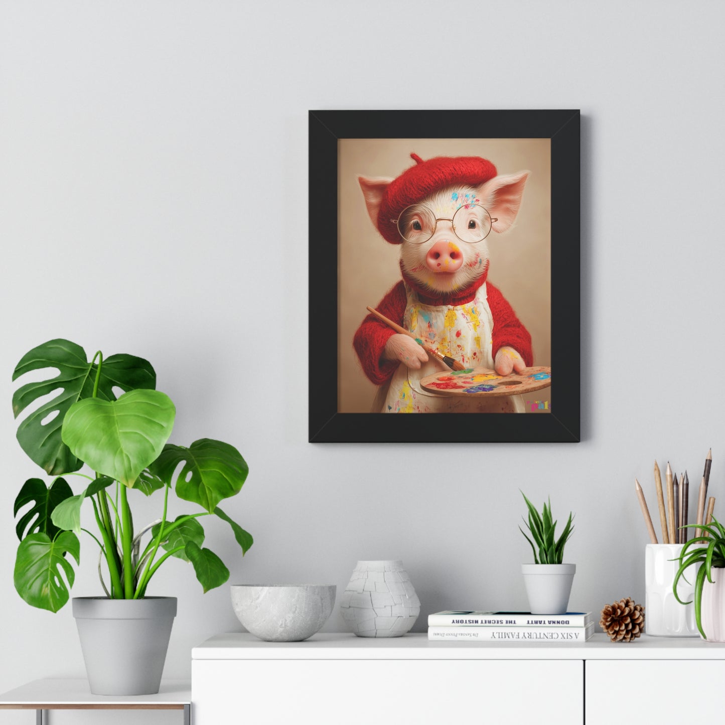 'Piglet Artist' Pailette Pal Fine Art Poster  — Cute Artist Pig Framed Poster — Charming Piglet Painter Wall Art