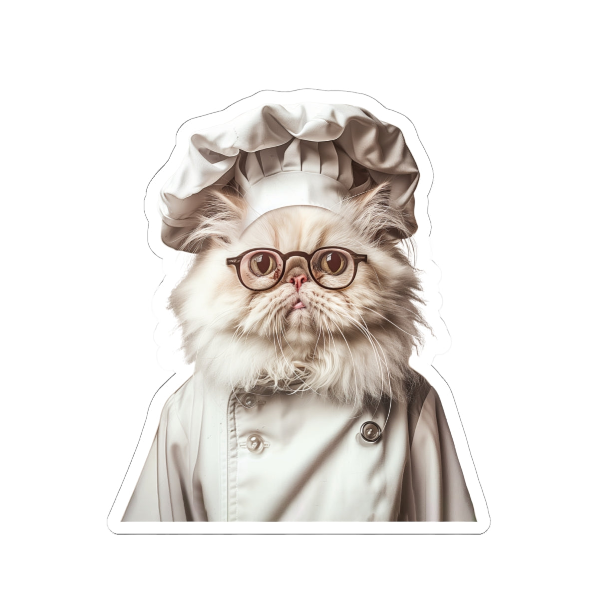 Chef Cat Kiss-Cut Sticker — Cute Persian Cat in Chef Hat & Glasses, Laptop Decal