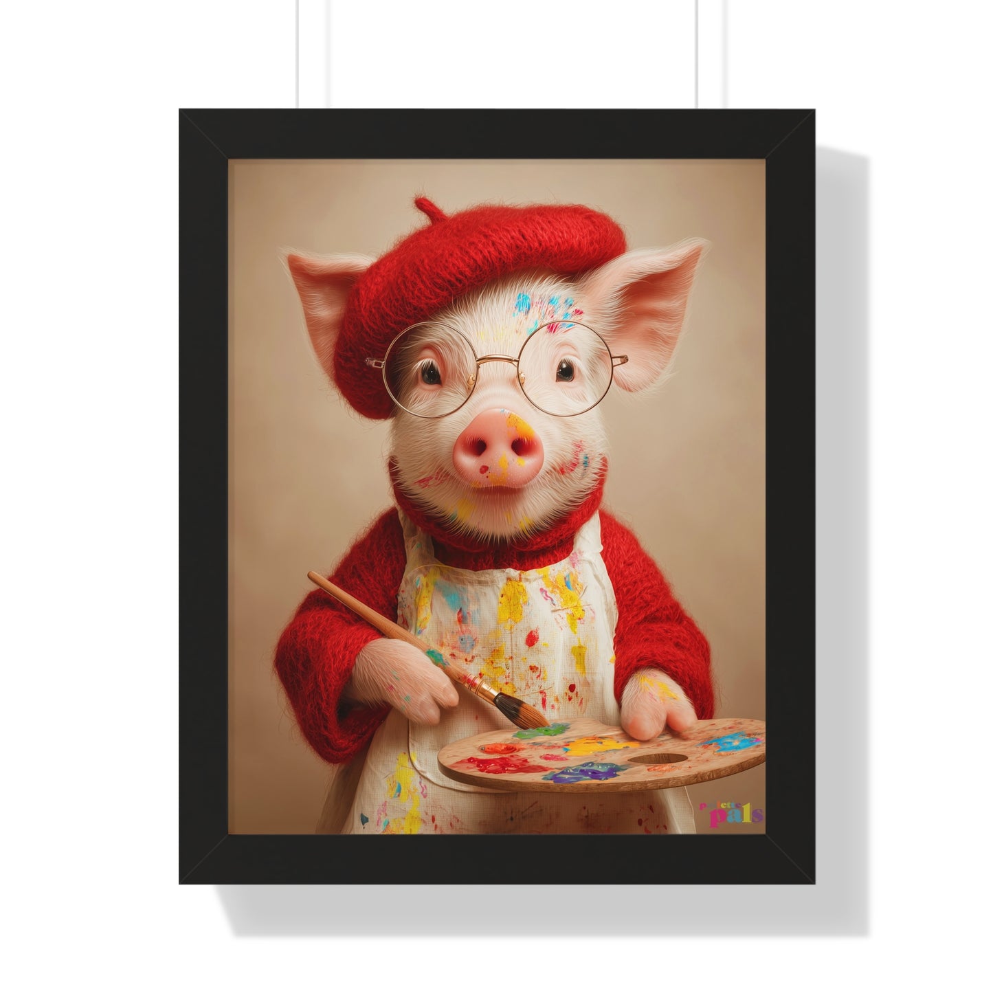 'Piglet Artist' Pailette Pal Fine Art Poster  — Cute Artist Pig Framed Poster — Charming Piglet Painter Wall Art