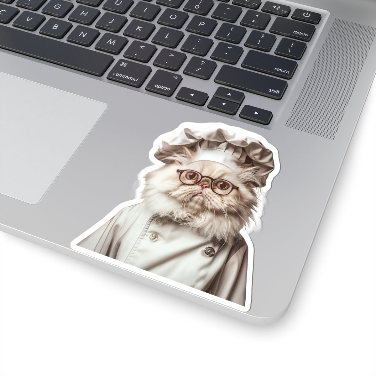 Chef Cat Kiss-Cut Sticker — Cute Persian Cat in Chef Hat & Glasses, Laptop Decal