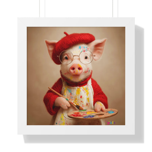 'Piglet Artist' Pailette Pal Fine Art Poster  — Cute Artist Pig Framed Poster — Charming Piglet Painter Wall Art
