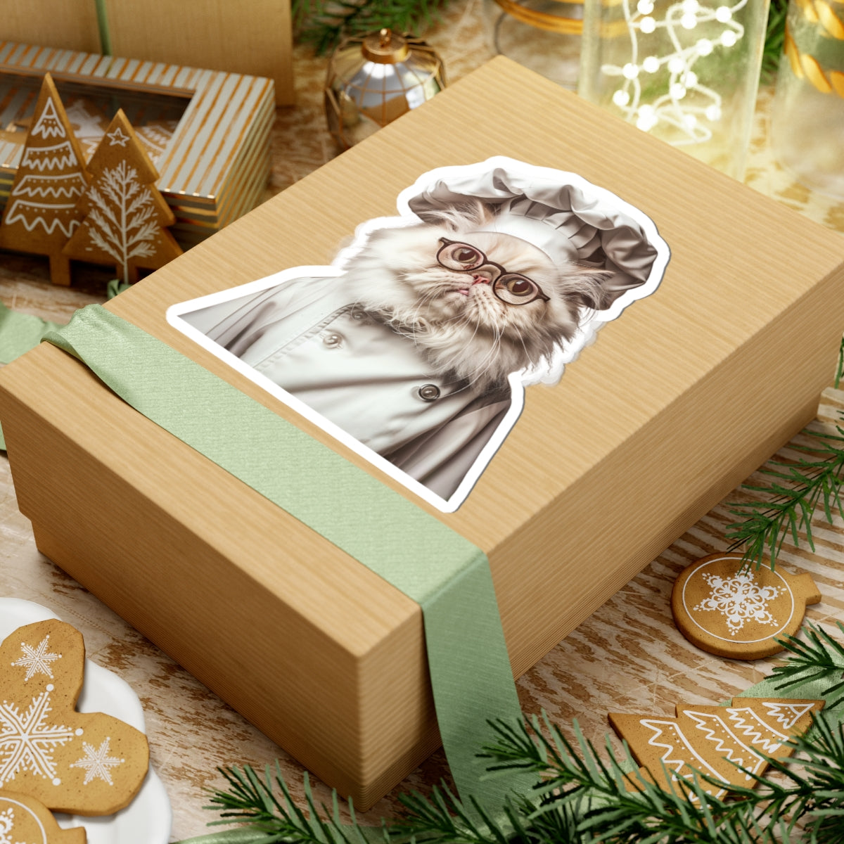 Chef Cat Kiss-Cut Sticker — Cute Persian Cat in Chef Hat & Glasses, Laptop Decal