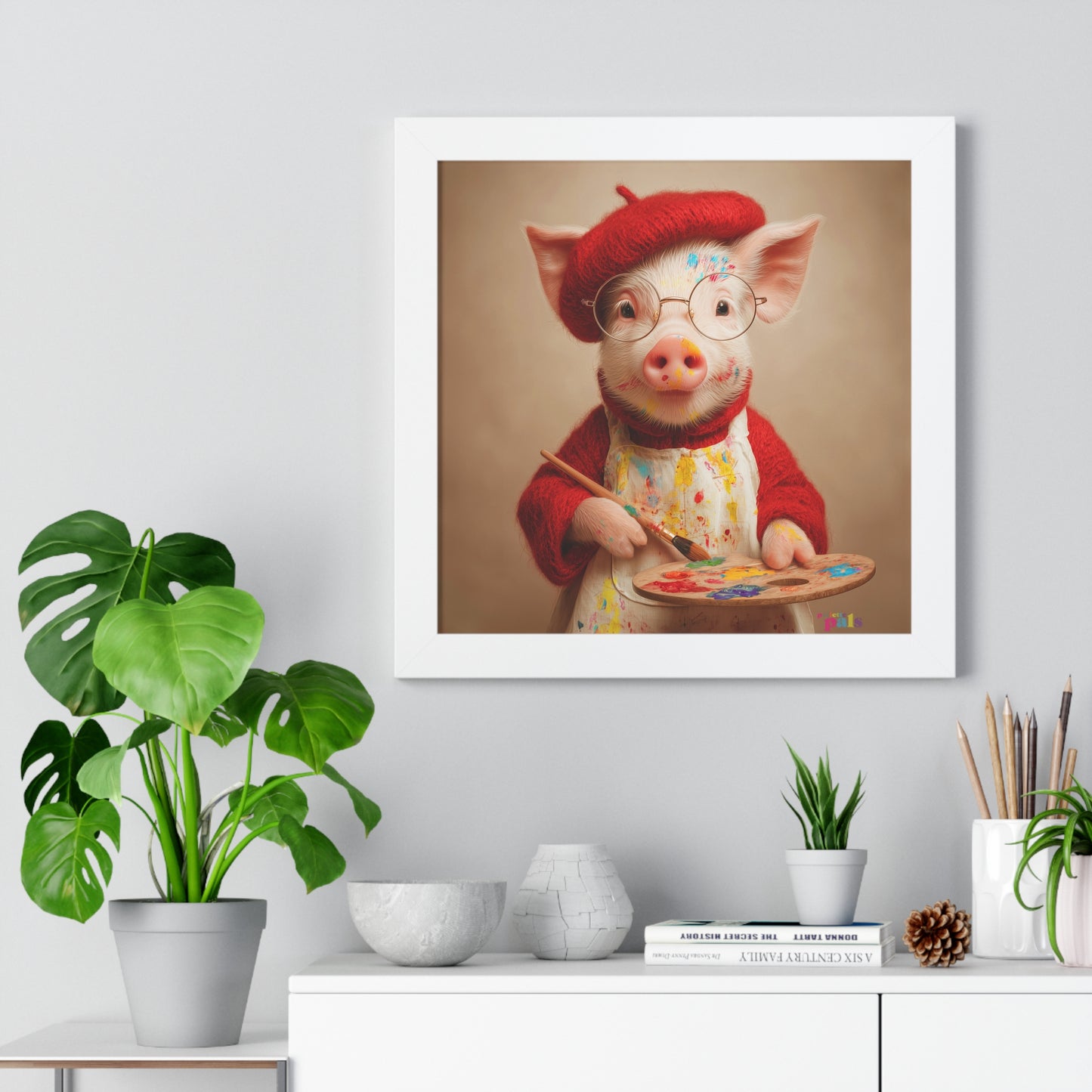 'Piglet Artist' Pailette Pal Fine Art Poster  — Cute Artist Pig Framed Poster — Charming Piglet Painter Wall Art