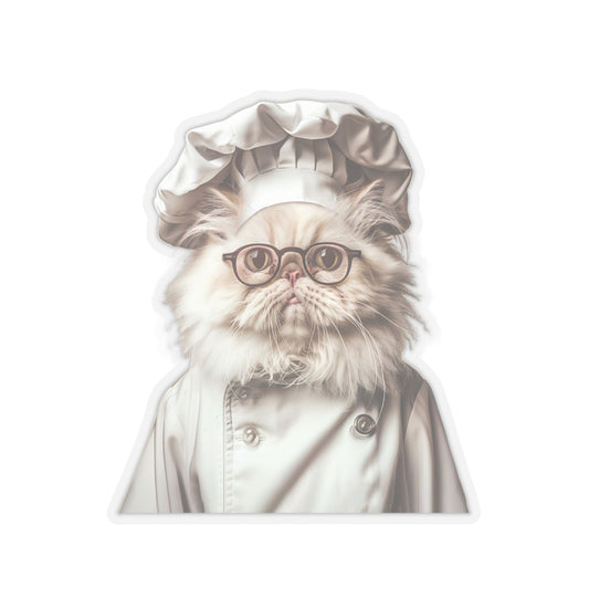 Chef Cat Kiss-Cut Sticker — Cute Persian Cat in Chef Hat & Glasses, Laptop Decal